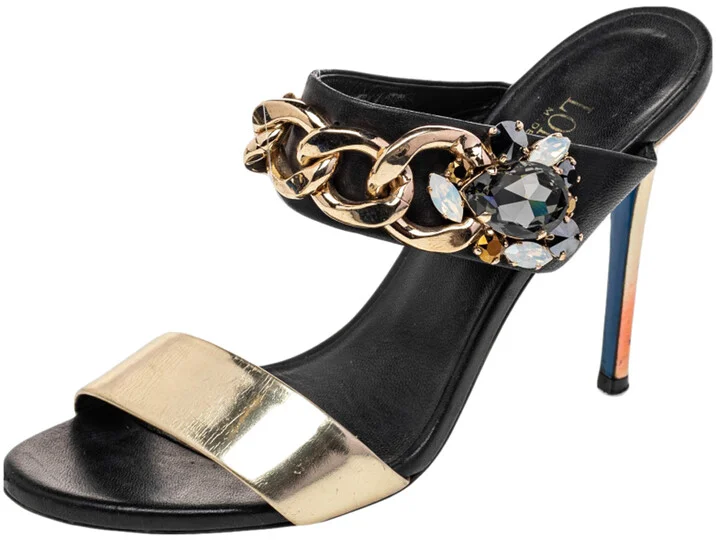 Loriblu Black/Gold Leather Embellished Chain Detail Slide Sandals Size 37.5