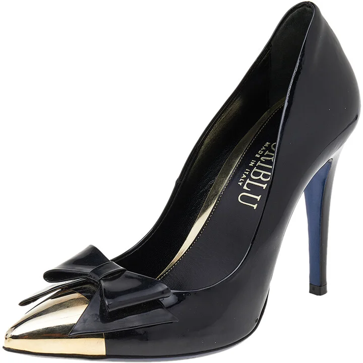 Loriblu Black Patent Leather Pointed Metal Cap Toe Pumps Size 37