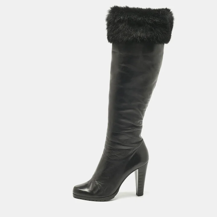 Loriblu Black Rabbit Fur and Leather Knee Length Boots Size 40.5