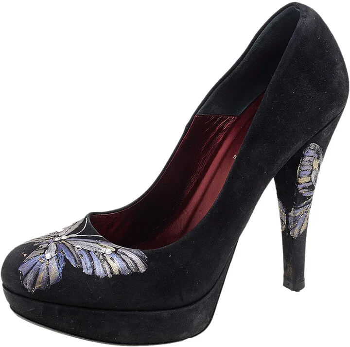 Loriblu Black Suede Butterfly Print Platform Pumps Size 38.5