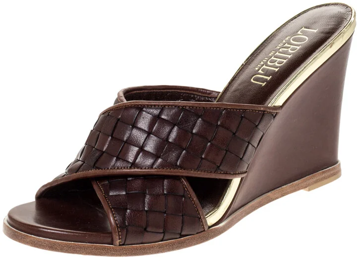 Loriblu Brown/Gold Woven Criss Cross Leather Wedge Sandals Size 38