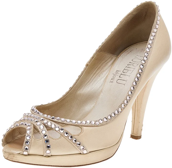 Loriblu Cream Leather Crystal Embellished Peep Toe Pumps Size 37