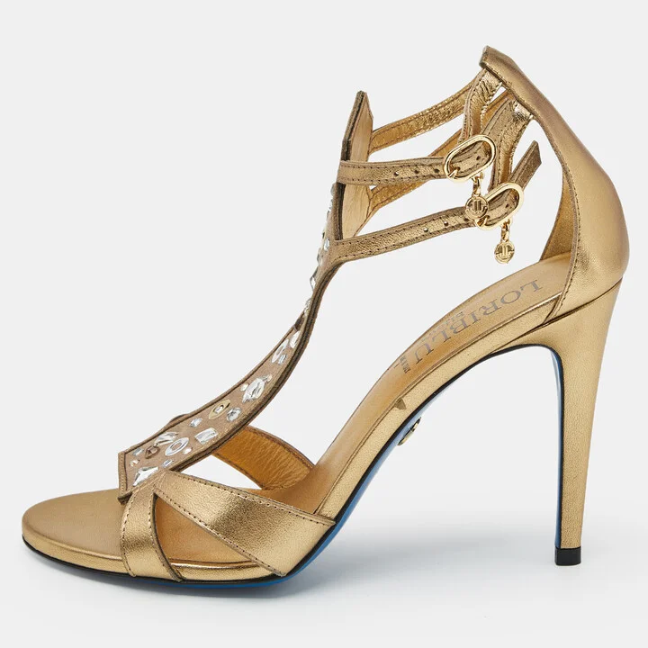 Loriblu Gold Leather Crystal Embellished Ankle Strap Sandals Size 38