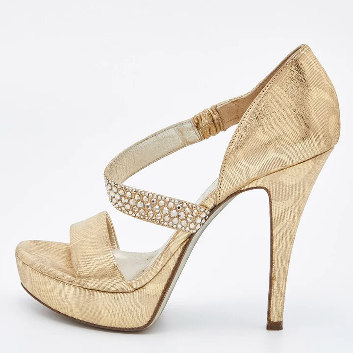 Loriblu Gold Lurex Fabric Crystal Embellished Open Toe Platform Sandals Size 36.5