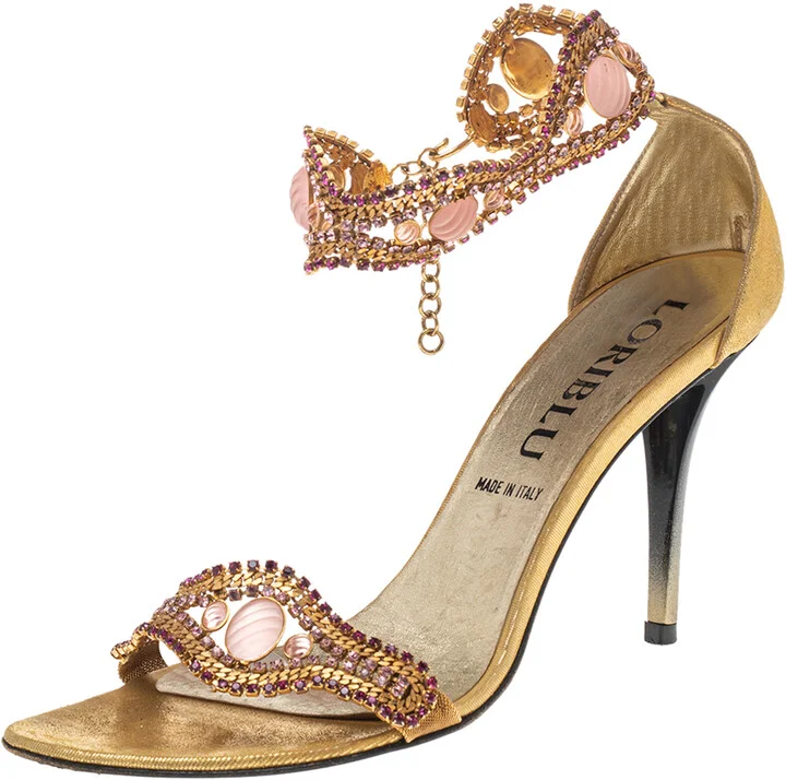 Loriblu Gold Tone Metal And Suede Embellished Ankle Cuff Sandals Size 39