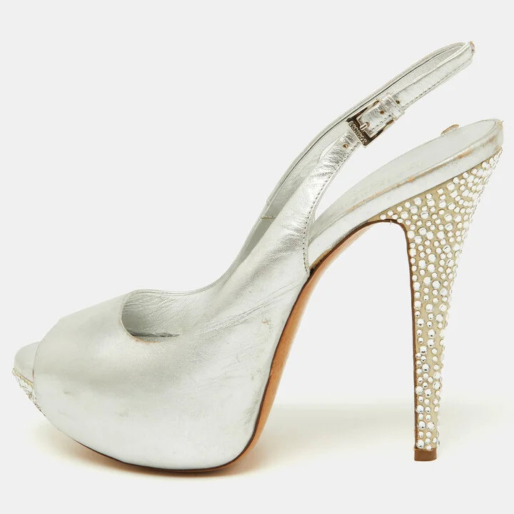 Loriblu Metallic Silver Leather Crystal Embellished Slingback Platform Pumps Size 39.5