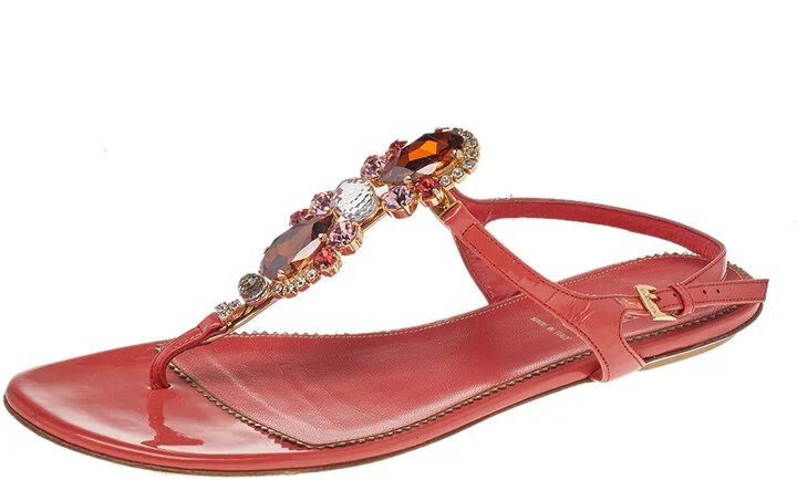 Loriblu Orange Patent Leather Crystal Embellished Ankle Strap Flat Sandals Size 40