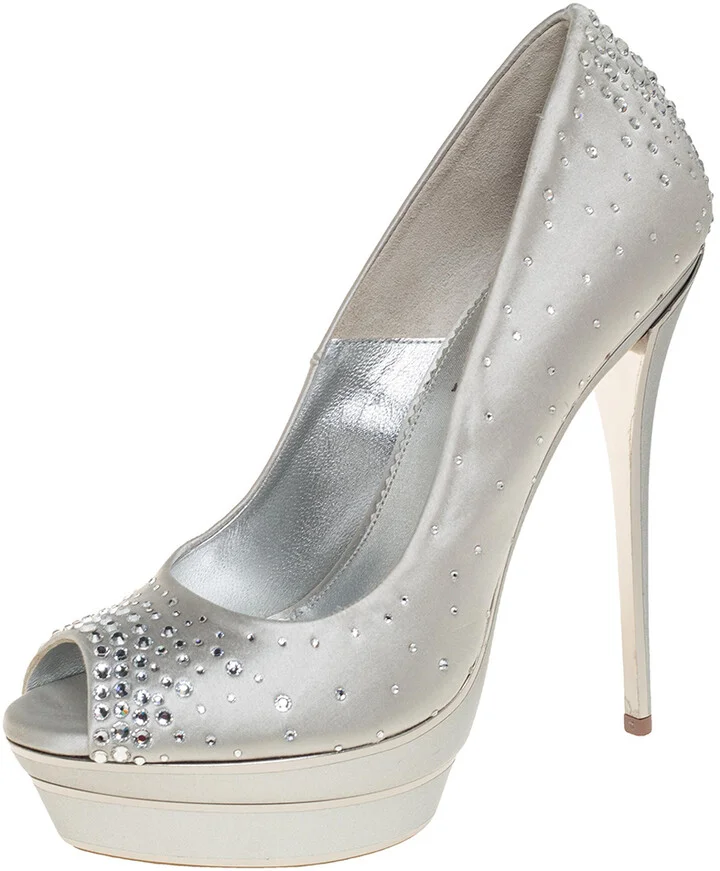 Loriblu Silver Satin Crystal Embellished Peep Toe Platform Pumps Size 38