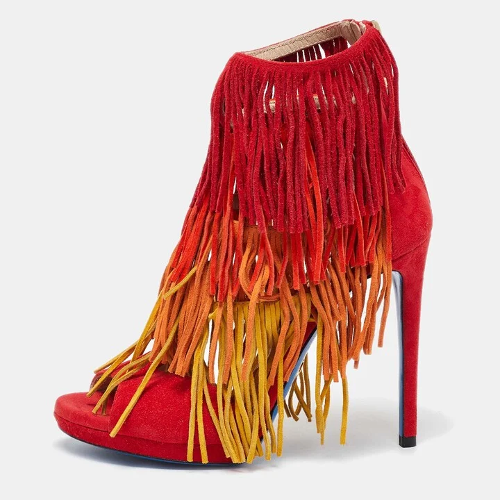 Loriblu Tri Color Suede Fringe Detailed Ankle Strap Sandals Size 36.5