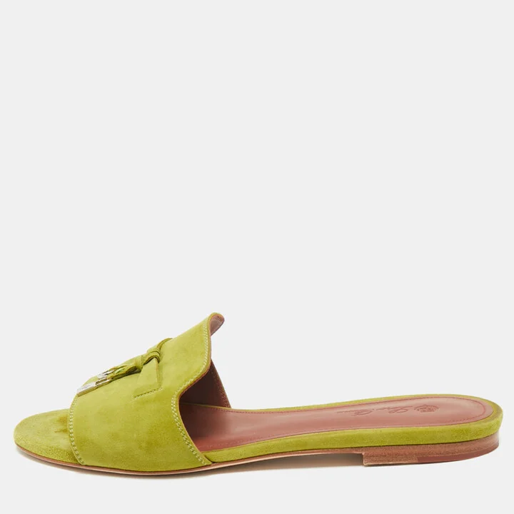 Loro Piana Green Suede Summer Charms Walk Flat Slides Size 37