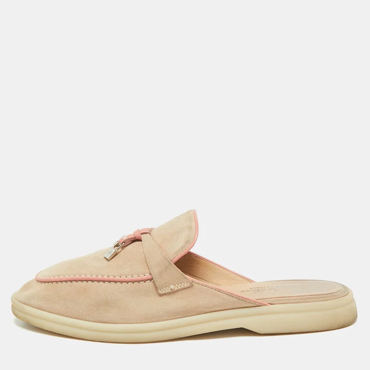 Loro Piana Pink/Beige Suede Babouche Charms Walk Mules Size 39