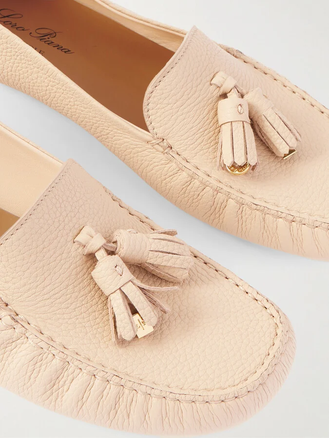 Loro Piana - Tasseled Textured-leather Collapsible-heel Loafers - Neutrals - Image 4
