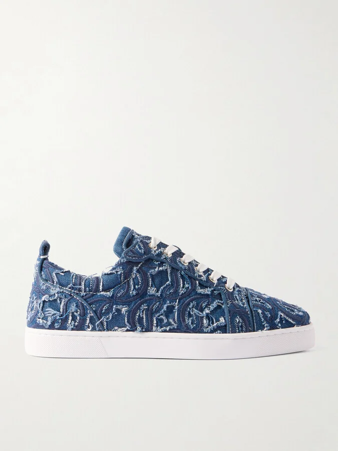 Louis Junior Grosgrain-Trimmed Embroidered Distressed Denim Sneakers