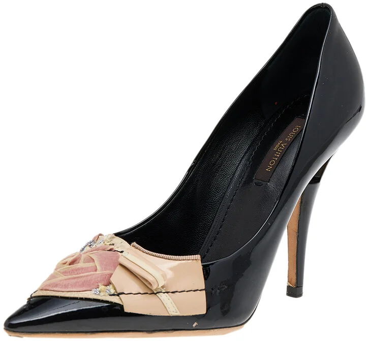 Louis Vuitton Beige/Black Canvas And Patent Leather Embellished Pumps Size 36.5