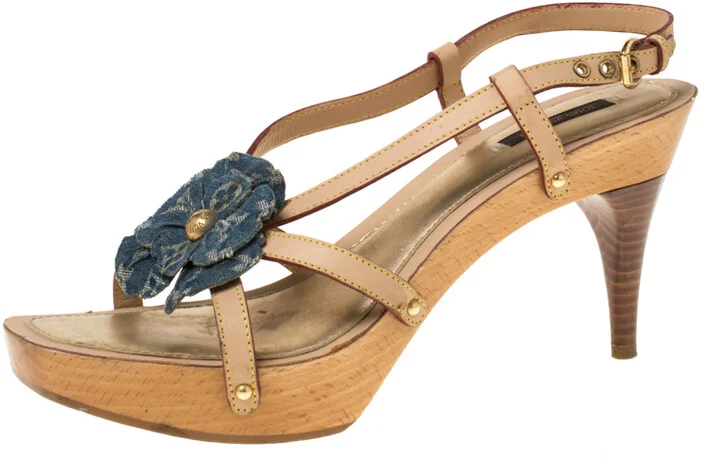 Louis Vuitton Beige/Blue Monogram Denim Floral Platform Strappy Sandals Size 39.5