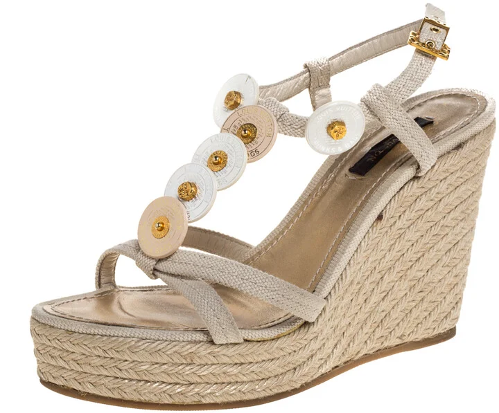 Louis Vuitton Beige Canvas Medallion Leather Detail Espadrille Wedge Platform Sandals Size 37