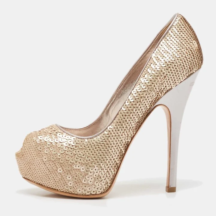 Louis Vuitton Beige Leather and Sequins Peep Toe Pumps Size 37
