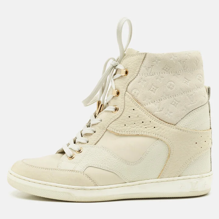 Louis Vuitton Beige Monogram Suede and Leather Millennium Wedge Sneakers Size 37