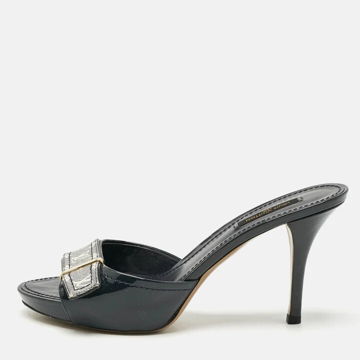 Louis Vuitton Black Blue Denim and Patent Leather Mini Lin Mules Size 38.5