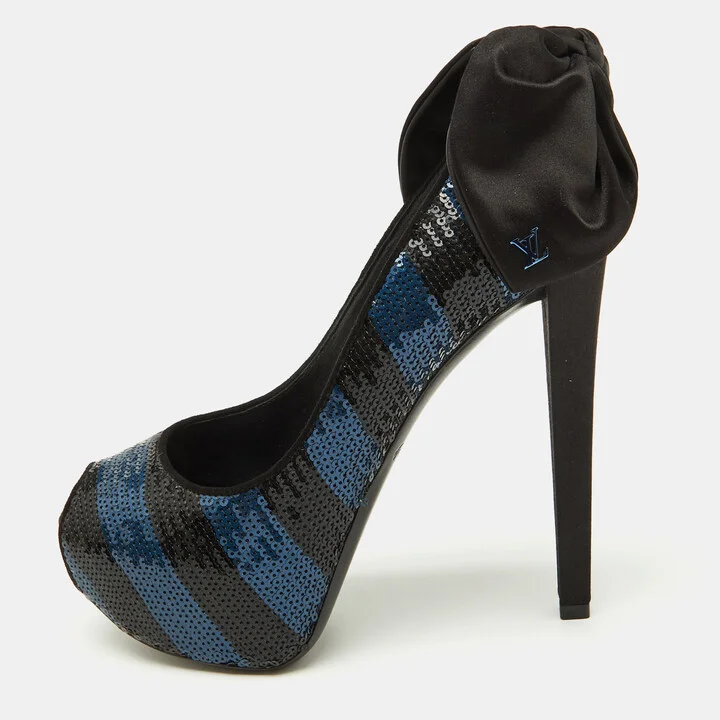 Louis Vuitton Black/Blue Sequins Platform Peep Toe Pumps Size 35.5