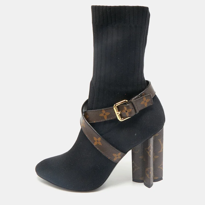 Louis Vuitton Black/Brown Knit Fabric And Monogram Canvas Ankle Boots Size 39