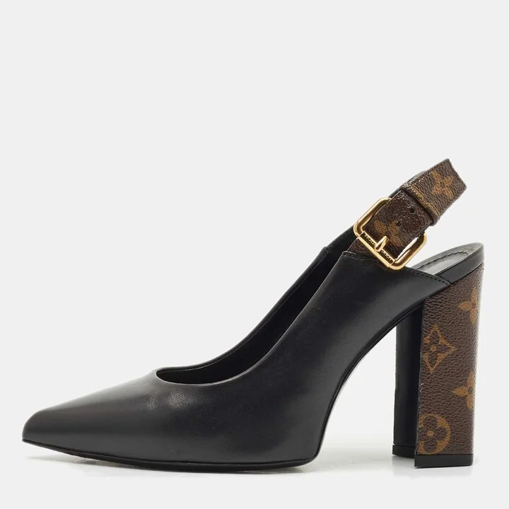 Louis Vuitton Black/Brown Monogram Canvas and Leather Matchmake Slingback Pumps Size 36.5