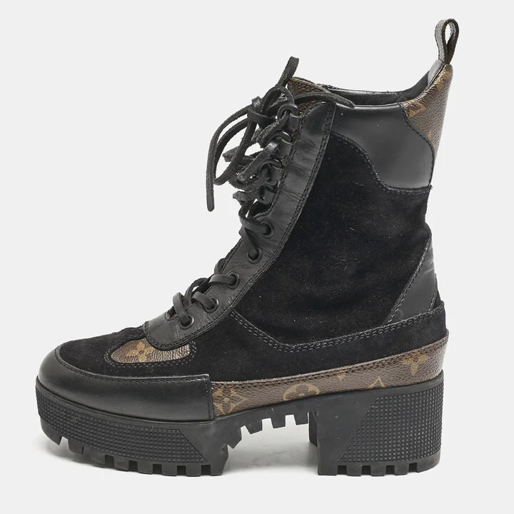 Louis Vuitton Black/Brown Suede and Monogram Canvas Laureate Desert Boots Size 34