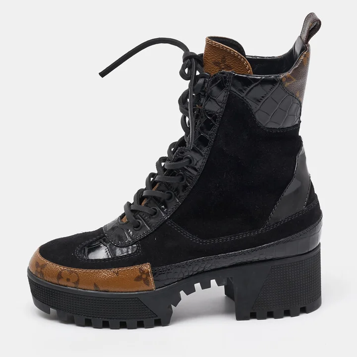 Louis Vuitton Black/Brown Suede and Monogram Canvas Laureate Desert Boots Size 36.5