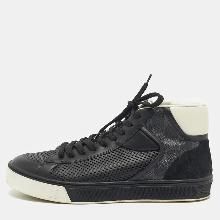 Louis Vuitton Black Damier Canvas and Leather High Top Sneakers Size 39.5