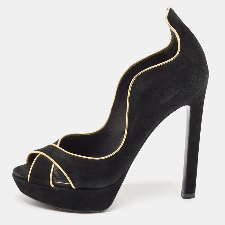 Louis Vuitton Black/Gold Suede Crisscross Peep Toe Pump Size 37.5