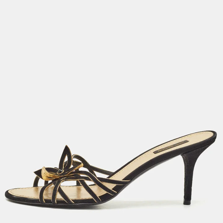 Louis Vuitton Black/Gold Suede Cut Out Slide Sandals Size 41