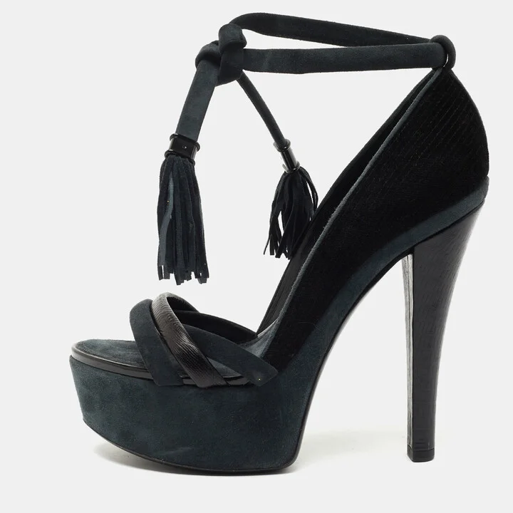 Louis Vuitton Black /Grey Leather and Suede Platform Sandals Size 38