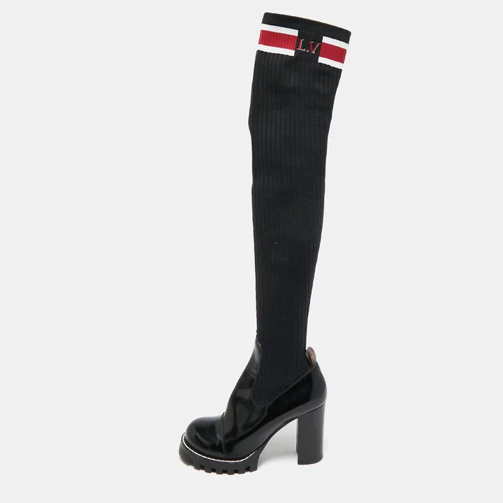 Louis Vuitton Black Knit Fabric and Leather Star Trail Glazed Sock Boots Size 37.5