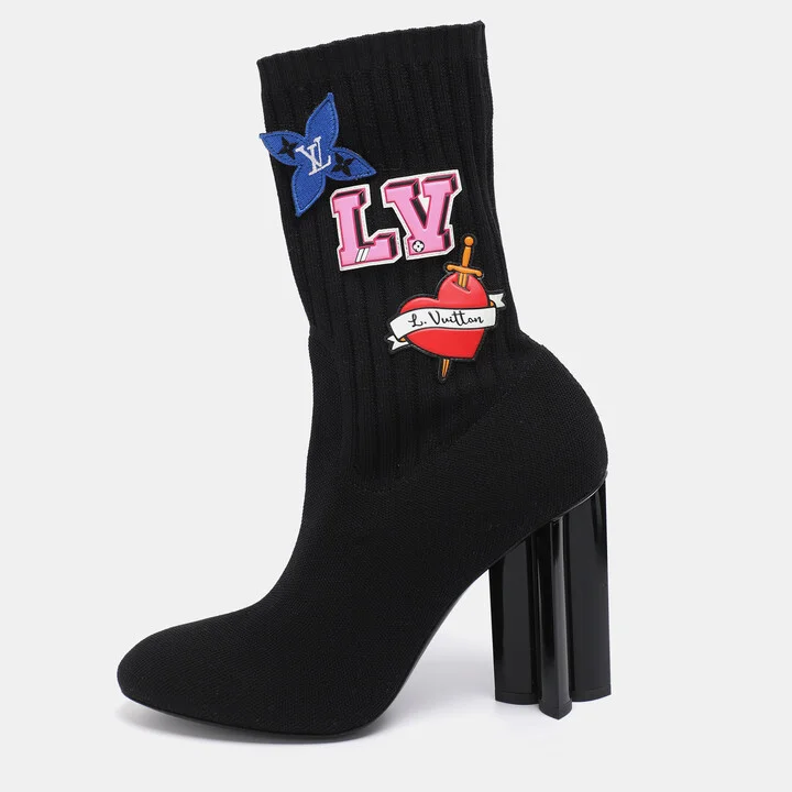 Louis Vuitton Black Knit Fabric LV Black Heart Sock Ankle Boots Size 38.5