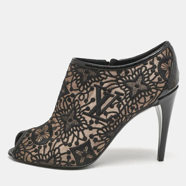 Louis Vuitton Black Lace and Mesh Monogram Zip Up Booties Size 38.5