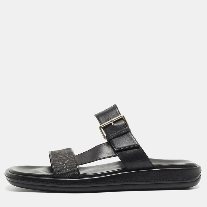 Louis Vuitton Black Leather and Logo Canvas Slide Sandals Size 44.5