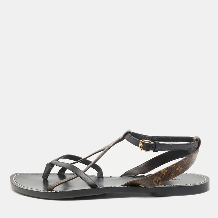 Louis Vuitton Black Leather and Monogram Canvas Strappy Flat Sandals Size 40