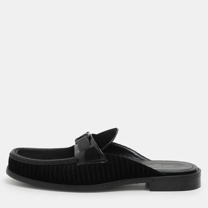 Louis Vuitton Black Leather and Velvet Major Open Back Loafers Size 42.5