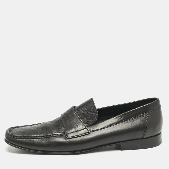 Louis Vuitton Black Leather Damier Embossed Santiago Slip On Loafers Size 44.5