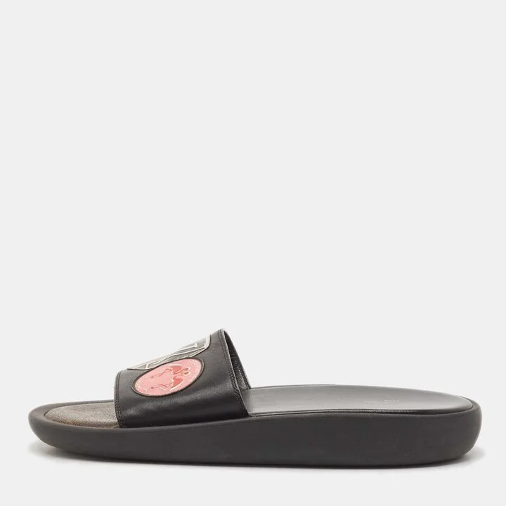 Louis Vuitton Black Leather LV Flamingo Flat Slide Sandals Size 39