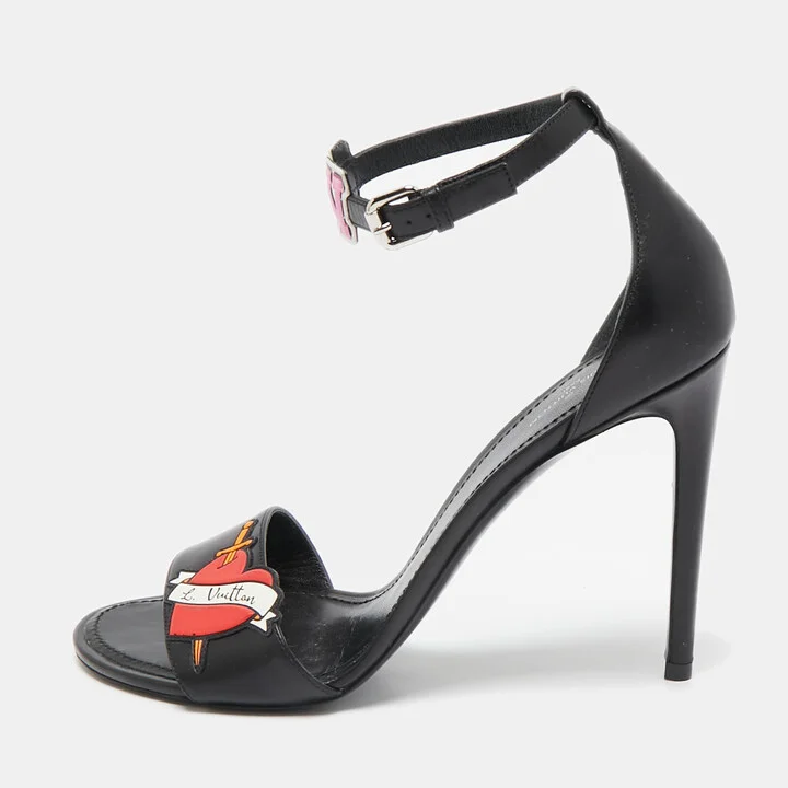 Louis Vuitton Black Leather LV Patch Ankle Strap Sandals Size 40