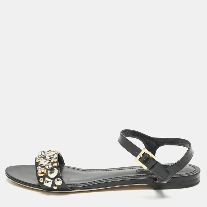 Louis Vuitton Black Leather Studded Ankle Strap Flat Sandals Size 40