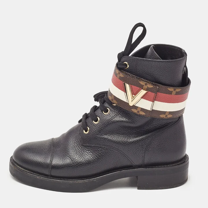 Louis Vuitton Black Leather Wonderland Flat Ranger Combat Boots Size 36