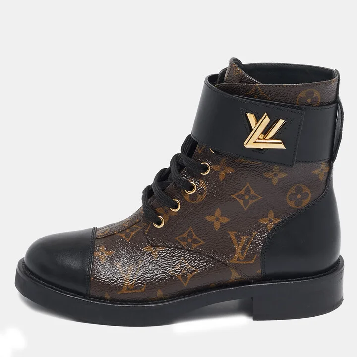 Louis Vuitton Black Monogram Canvas and Leather Wonderland Flat Ranger Boots Size 38