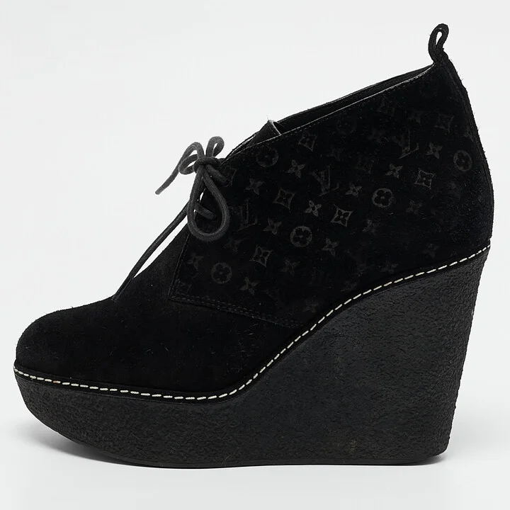 Louis Vuitton Black Monogram Suede Wedge Ankle Boots Size 36