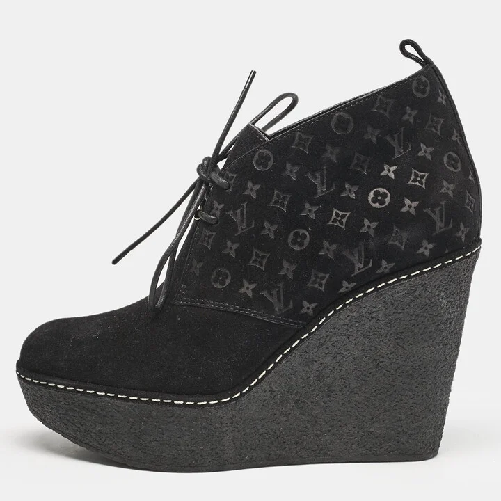 Louis Vuitton Black Monogram Suede Wedge Ankle Boots Size 36