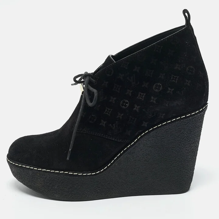 Louis Vuitton Black Monogram Suede Wedge Ankle Boots Size 38
