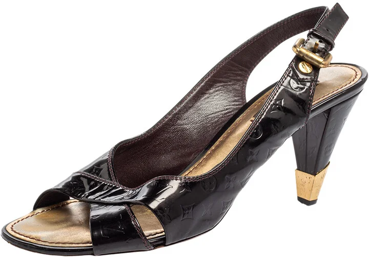 Louis Vuitton Black Monogram Vernis Patent Slingback Sandals Size 37.5