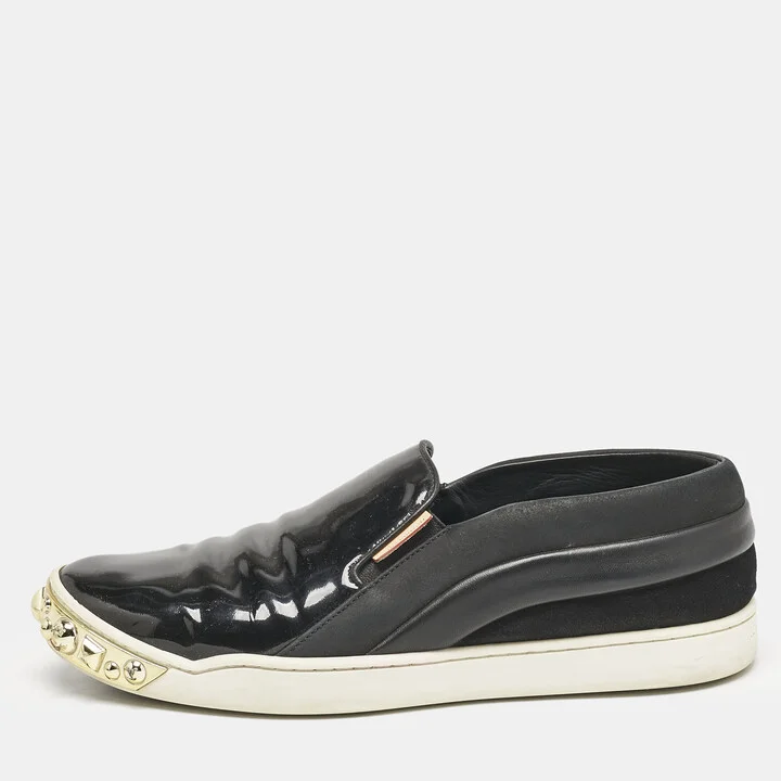 Louis Vuitton Black Patent and Leather Studded Tempo Slip On Sneakers Size 38