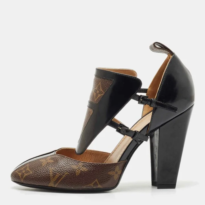 Louis Vuitton Black Patent Leather and Monogram Canvas Headline Pumps Size 37
